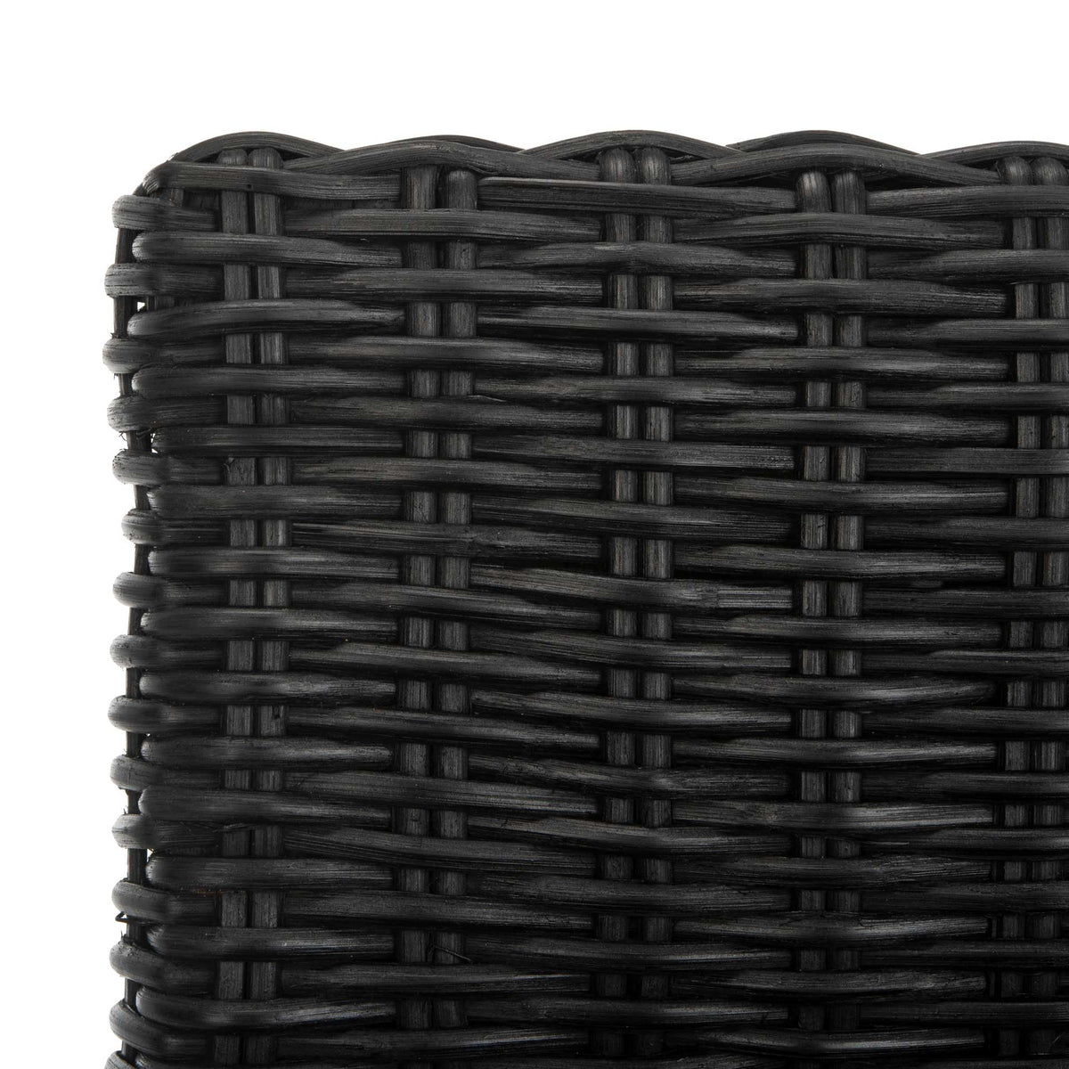 Interlaced black rattan strands add dimension and handcrafted texture to the stool back.
