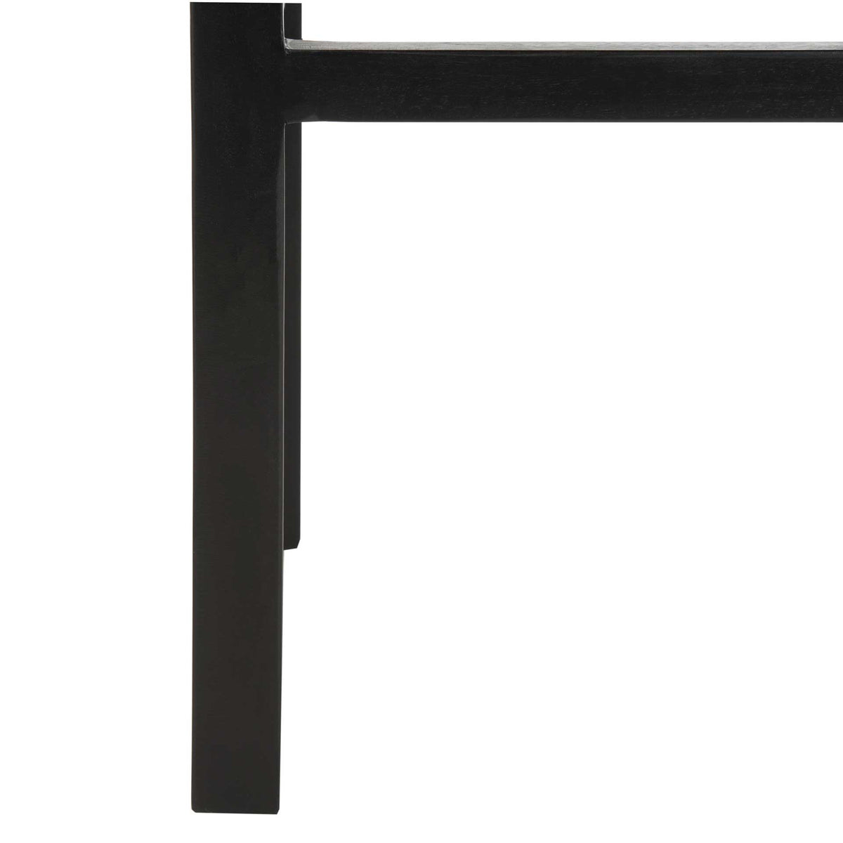 Straight black mango wood legs and a connecting rail create sturdy, understated support.