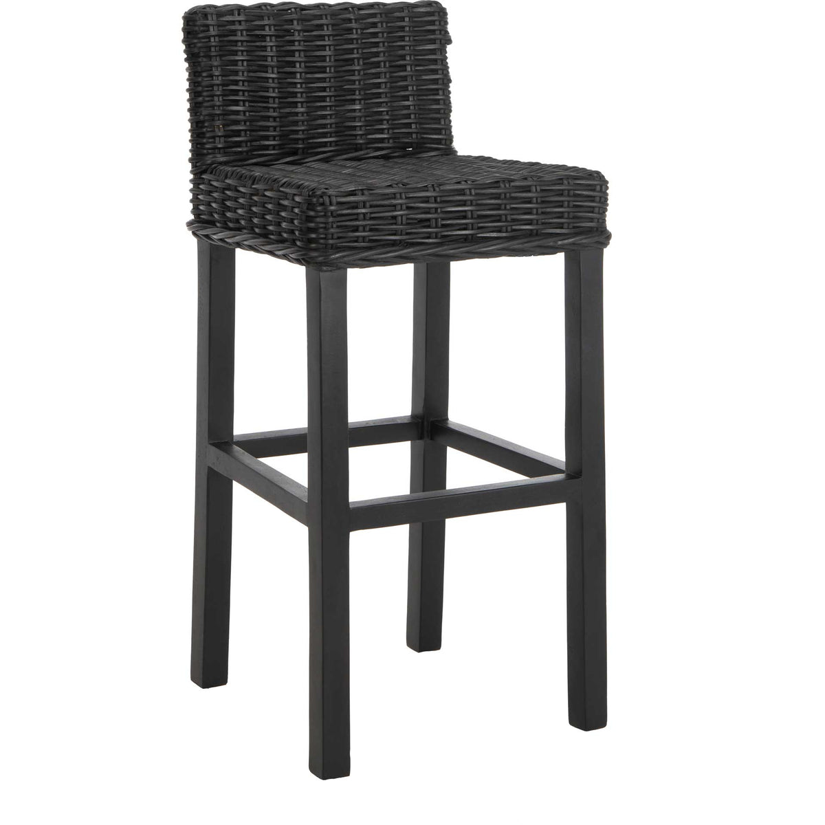Black woven rattan wraps the seat and low back above sleek wood legs and a built-in footrest. || FOX6502C || front_angle_studio