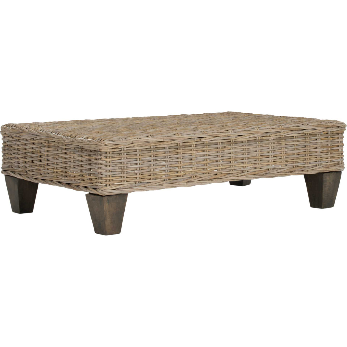 Pale rattan wraps the tabletop and sides above tapered taupe wood legs. || FOX6528A || front_angle_studio