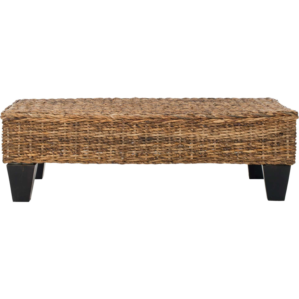 A low-profile coffee table pairs warm woven banana rattan with dark brown wood legs. || FOX6528B || front_studio