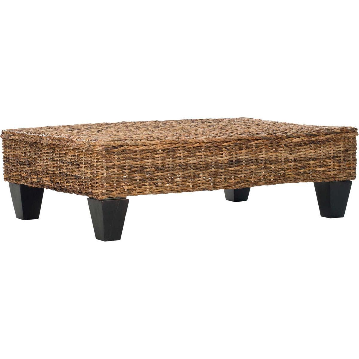 Woven banana rattan wraps the tabletop and sides above tapered dark brown wood legs. || FOX6528B || front_angle_studio