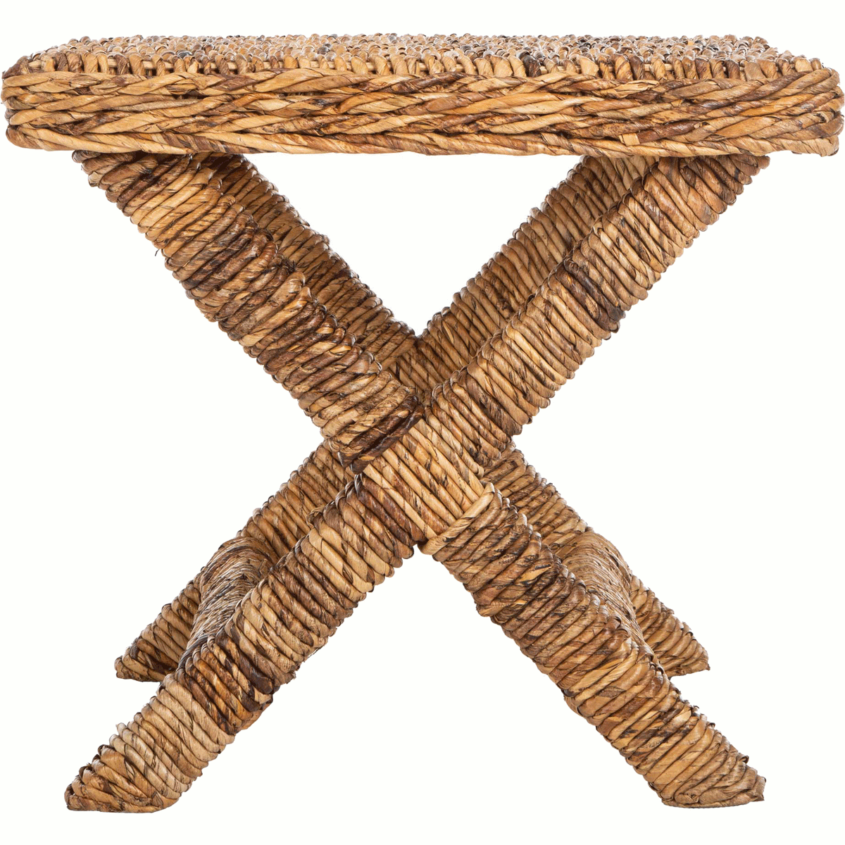 Natural woven seat sits above bold X-shaped legs wrapped in honey-toned fibers. || FOX6529A || front_studio