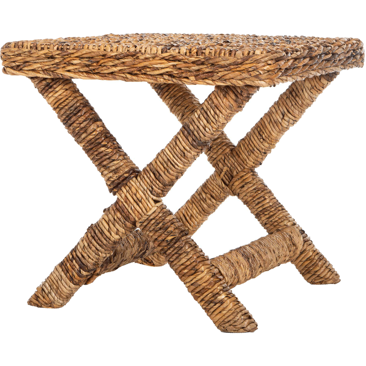 Warm natural rattan wraps the ottoman's woven top, crossed legs, and support rails. || FOX6529A || front_angle_studio
