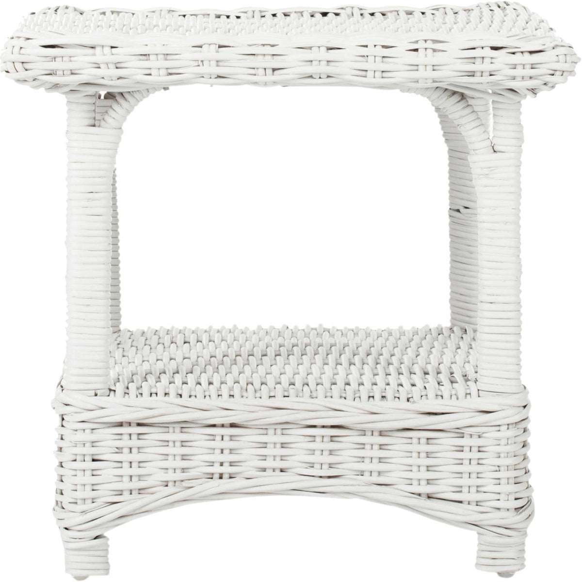 White wicker side table with graceful arched supports and a woven lower shelf || FOX6531B || front_studio