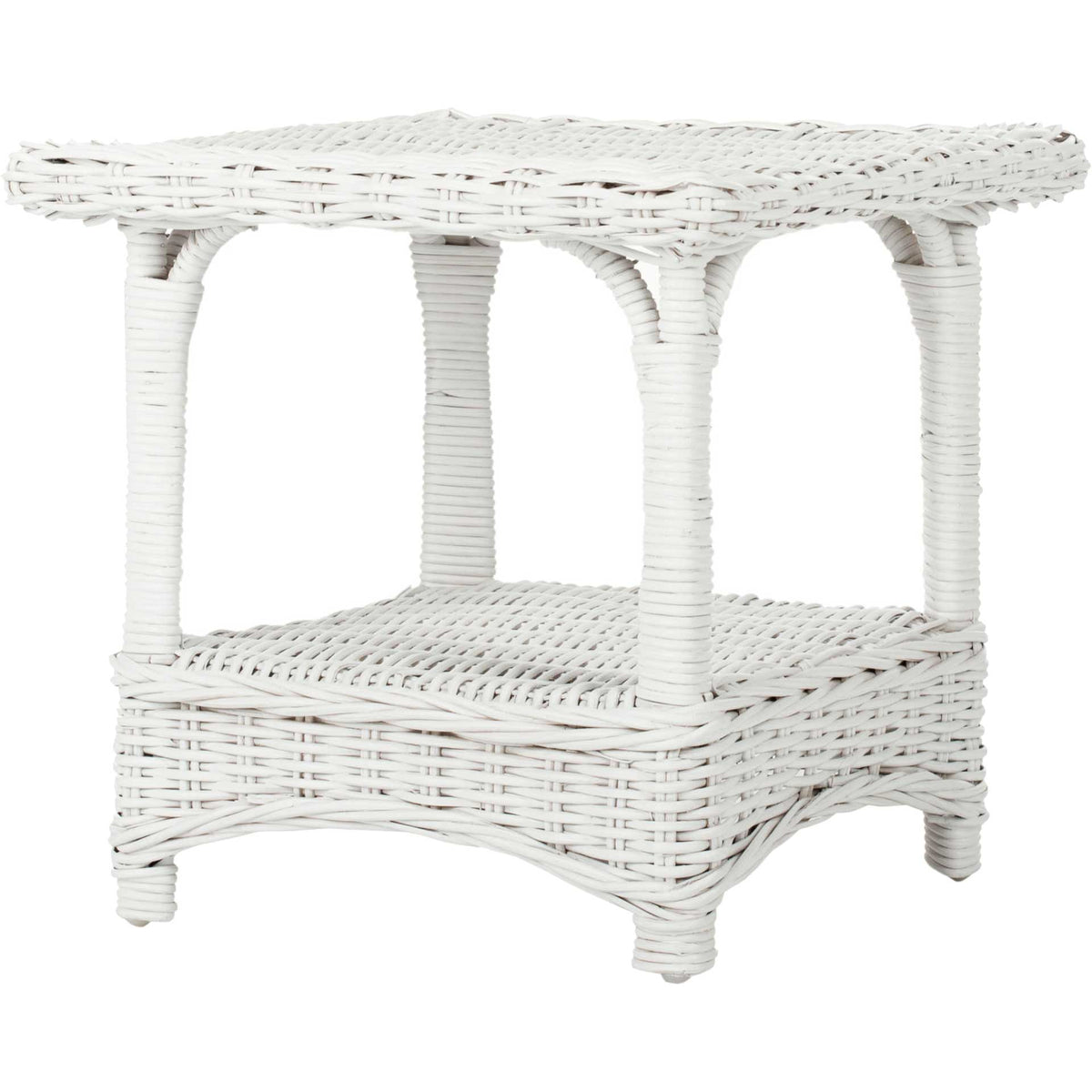 White woven rattan side table with a square top, lower shelf, and rope-wrapped legs || FOX6531B || front_angle_studio