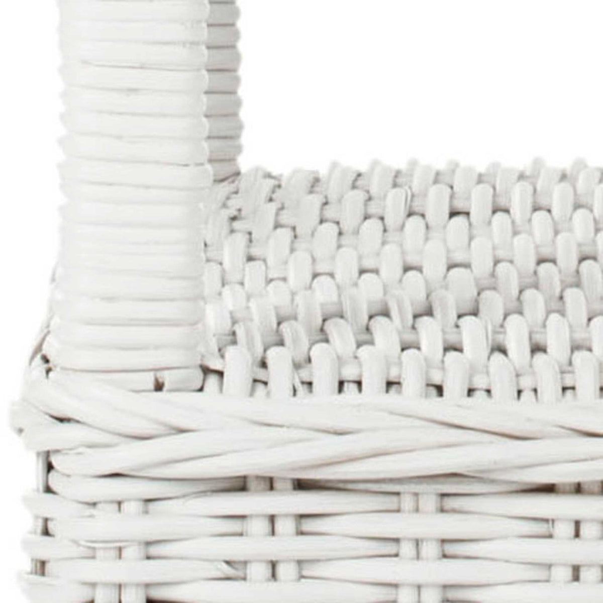 Tightly woven white rattan, twisted rope trim, and a wrapped leg add coastal texture
