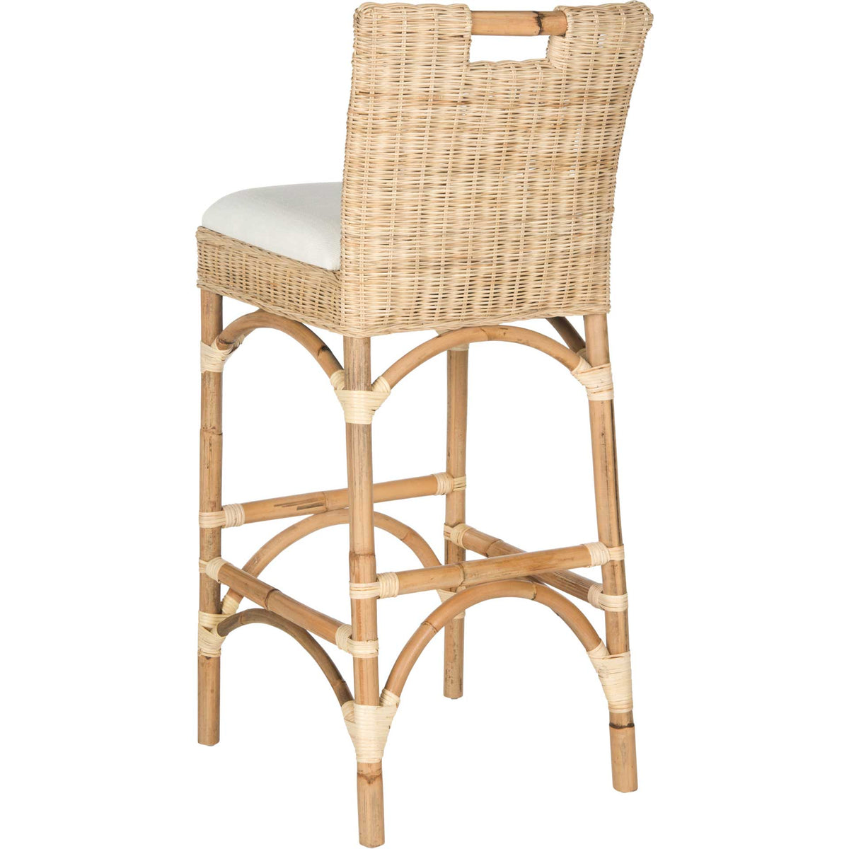 Handwoven natural rattan and a cutout top give the back airy texture above curved, wrap-accented legs.