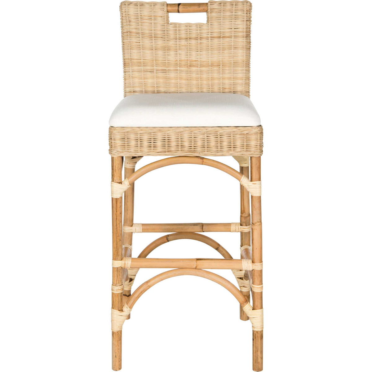 A cutout woven back rises above a white cushioned seat and graceful arches on this natural rattan stool. || FOX6532A || front_studio