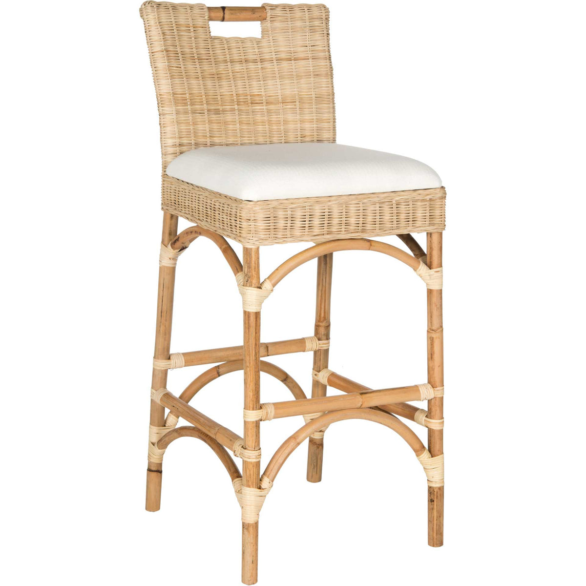 Natural rattan weaving, a soft white cushion and bamboo-inspired legs lend this bar stool airy coastal style. || FOX6532A || front_angle_studio