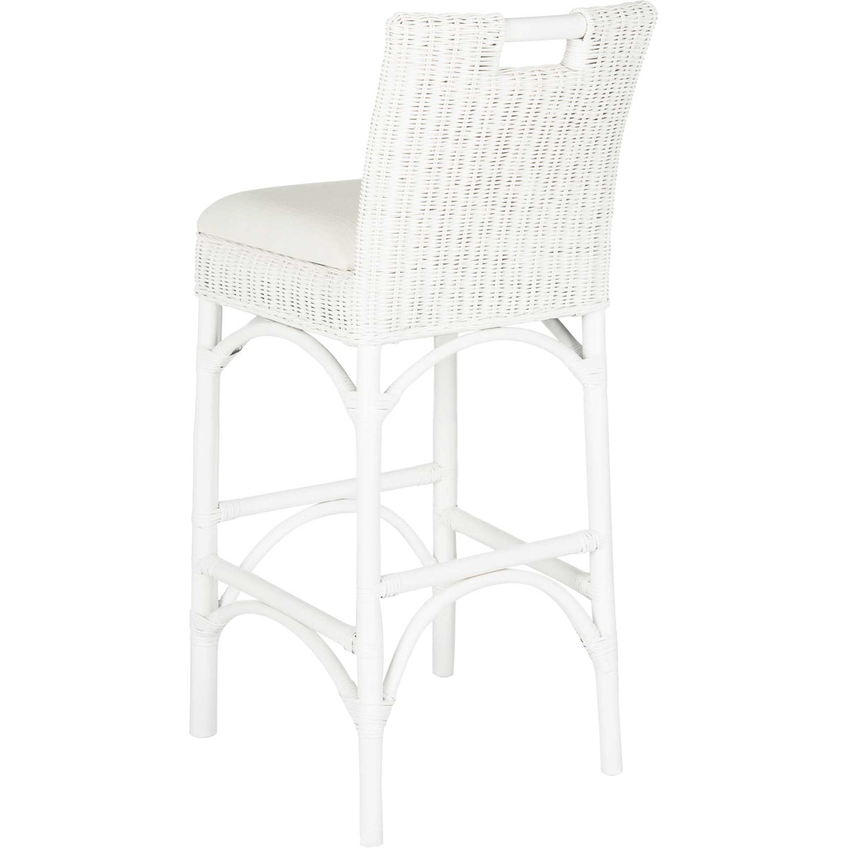 The white woven back features an open handle above slender legs joined by graceful arches.