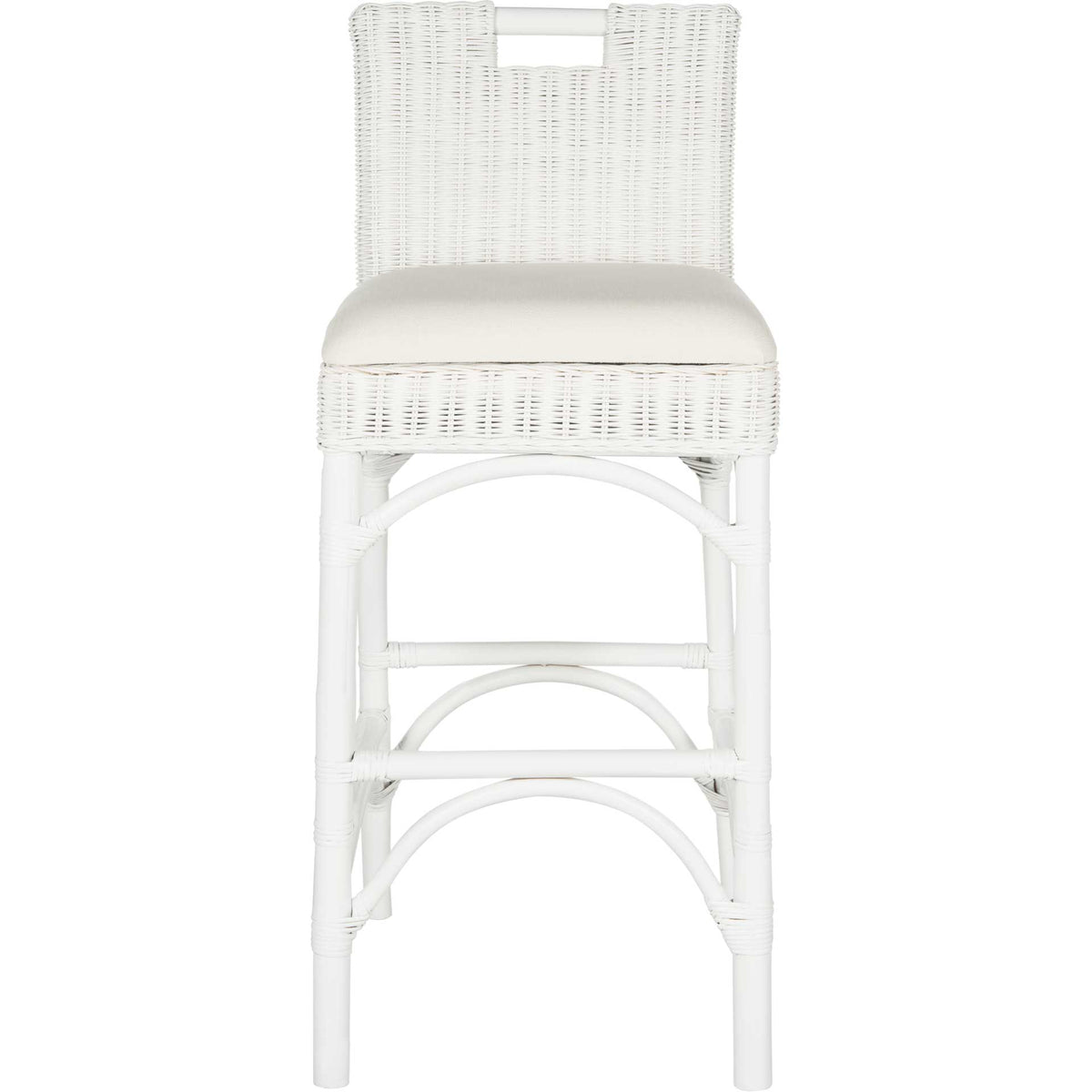 Crisp white woven rattan, a cutout back and an ivory cushion give this tall stool an airy silhouette. || FOX6532B || front_studio