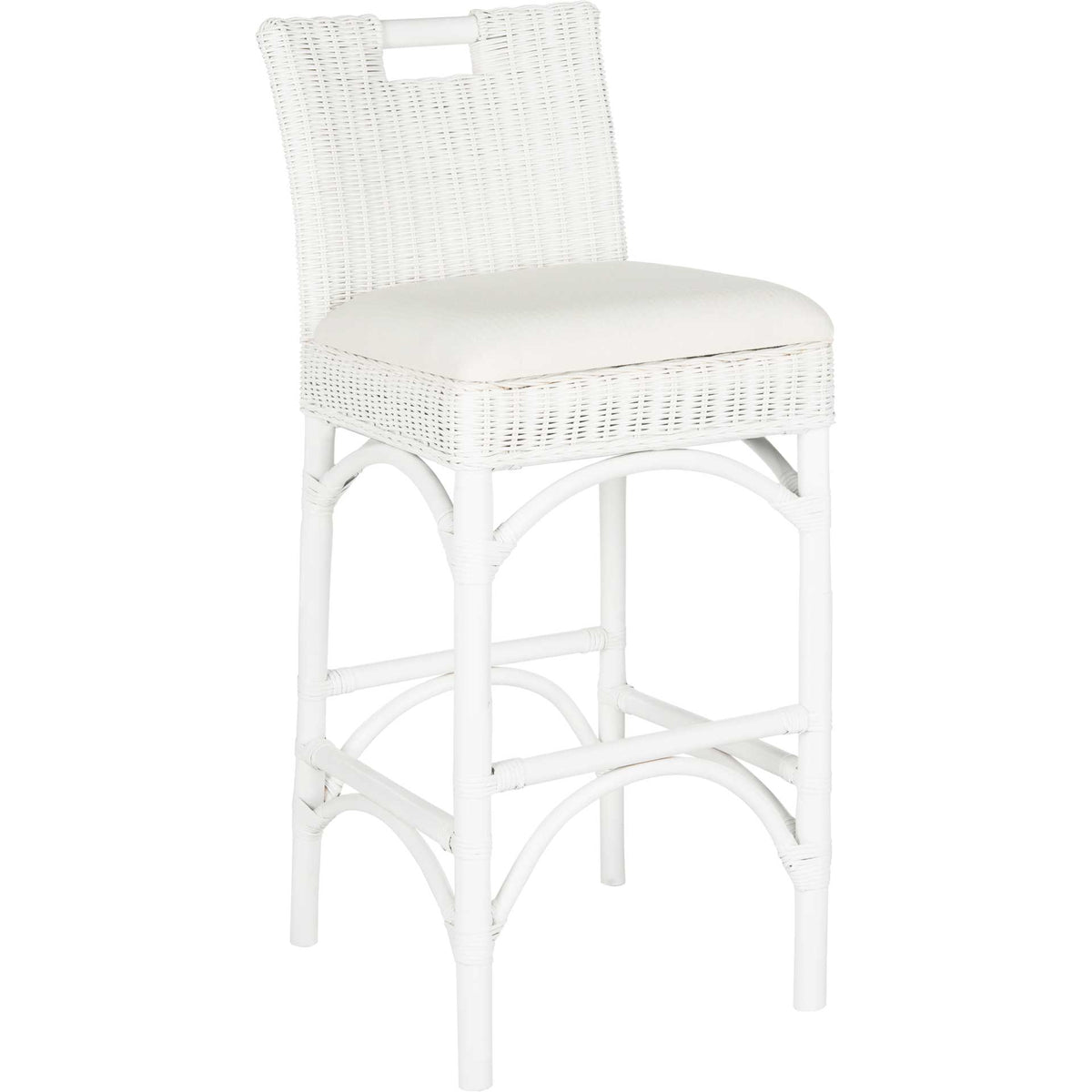 A white woven rattan back and matching frame pair with a plush ivory seat and sculptural curved supports. || FOX6532B || front_angle_studio