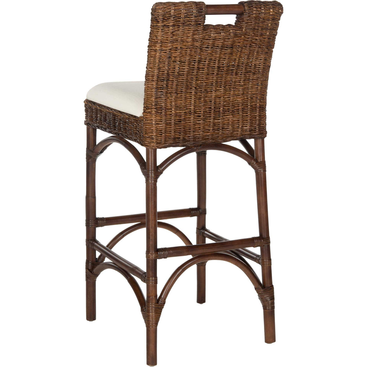 Deep brown woven rattan forms a tall back with a handhold cutout above curved supports and wrapped joints.