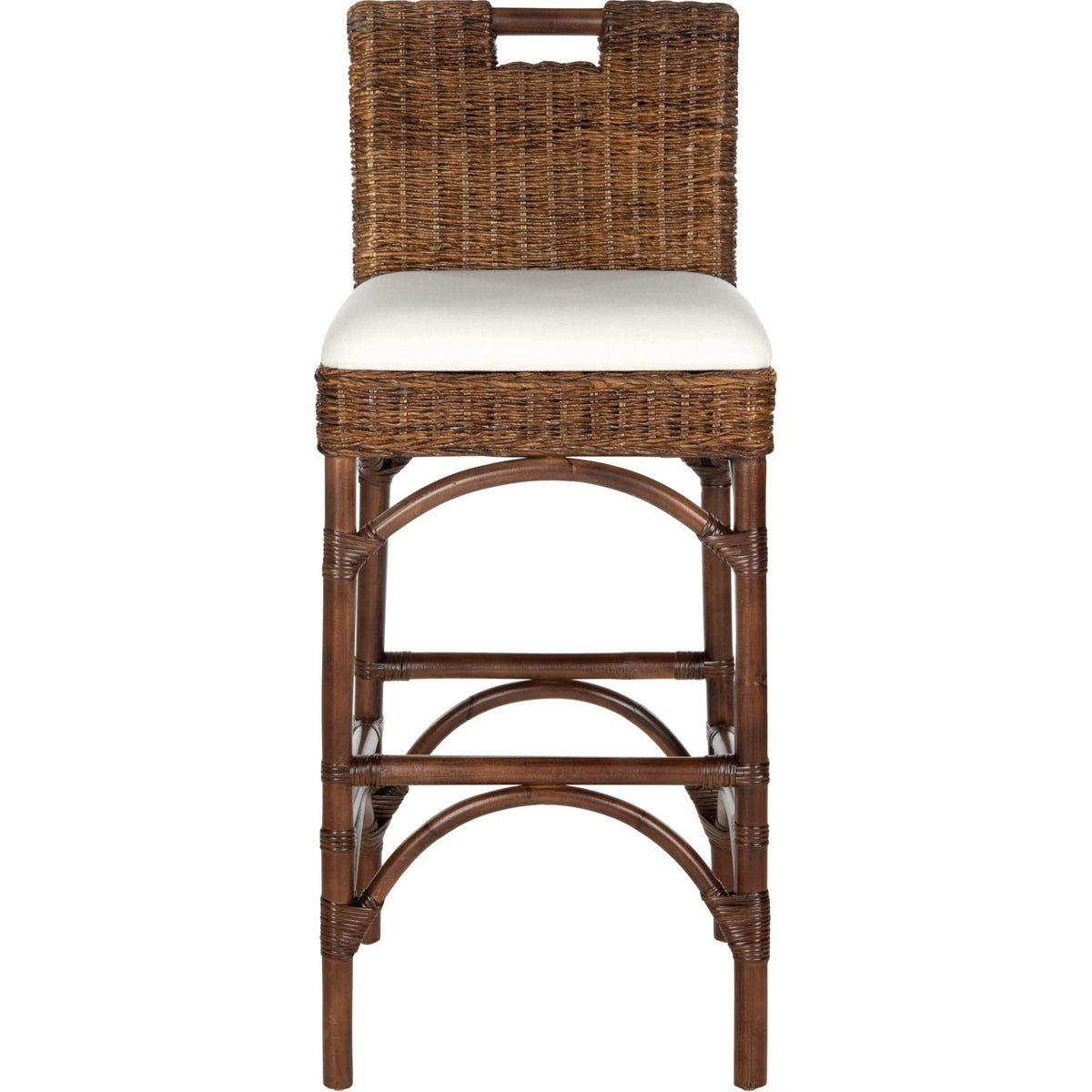 An ivory cushioned seat tops arched brown supports beneath a richly woven rattan back. || FOX6532C || front_studio