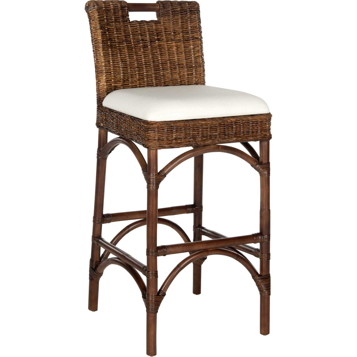 Rich brown woven rattan wraps the seat and cutout back, while ivory upholstery softens the tall frame. || FOX6532C || front_angle_studio