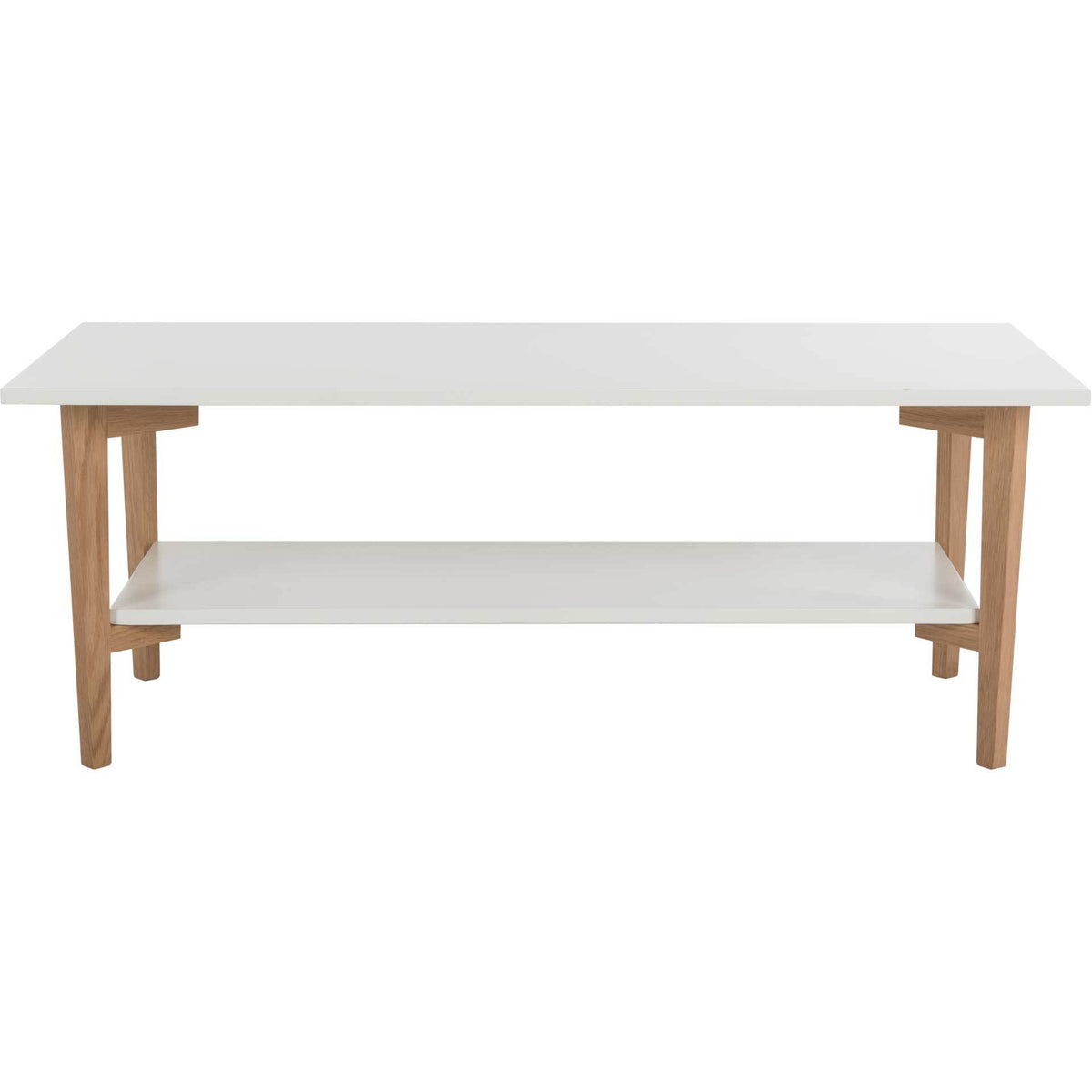 Clean geometric lines frame a white tabletop and low shelf, accented by natural oak legs. || FOX8202A || front_studio