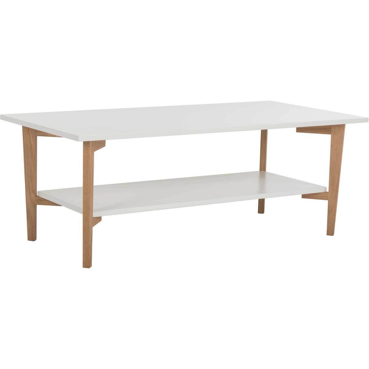 A broad white tabletop and matching lower shelf pair with natural oak legs for open, two-tier storage. || FOX8202A || front_angle_studio