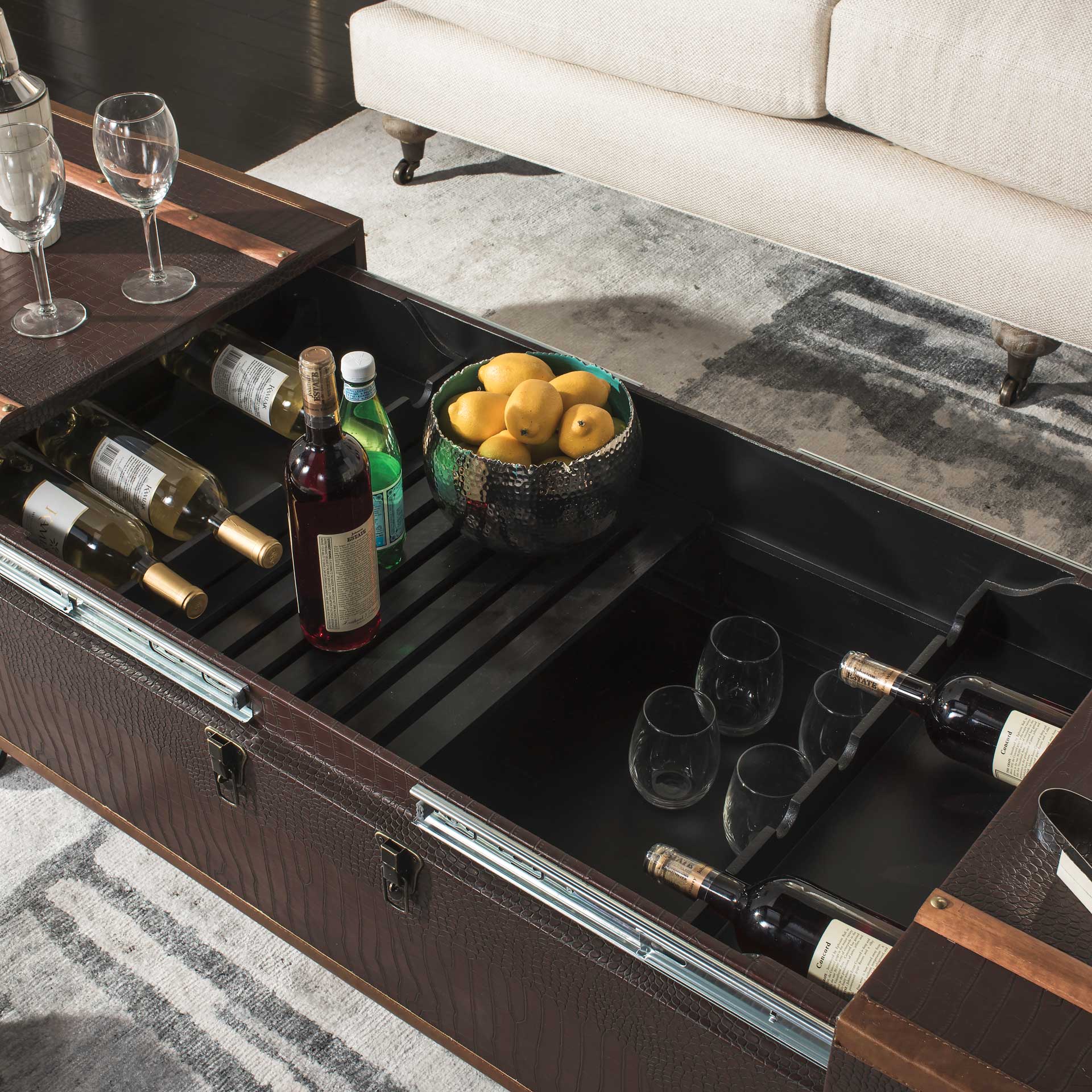Zoey Coffee Table Storage Trunk With Wine Rack Brown