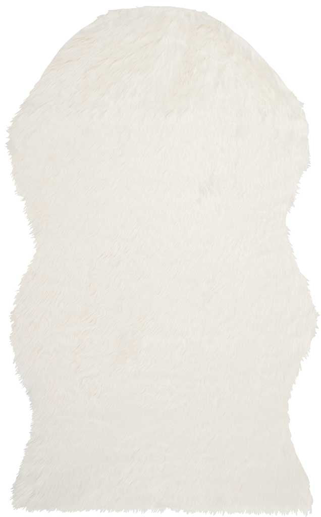 Ivory faux-fur rug with gentle side curves and silky strands across its surface