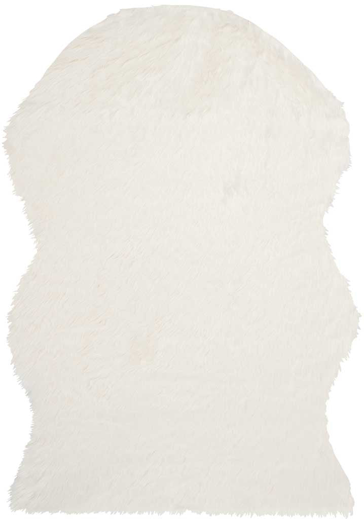 Soft ivory shag rug with a sculpted hide silhouette and a dense faux-fur finish