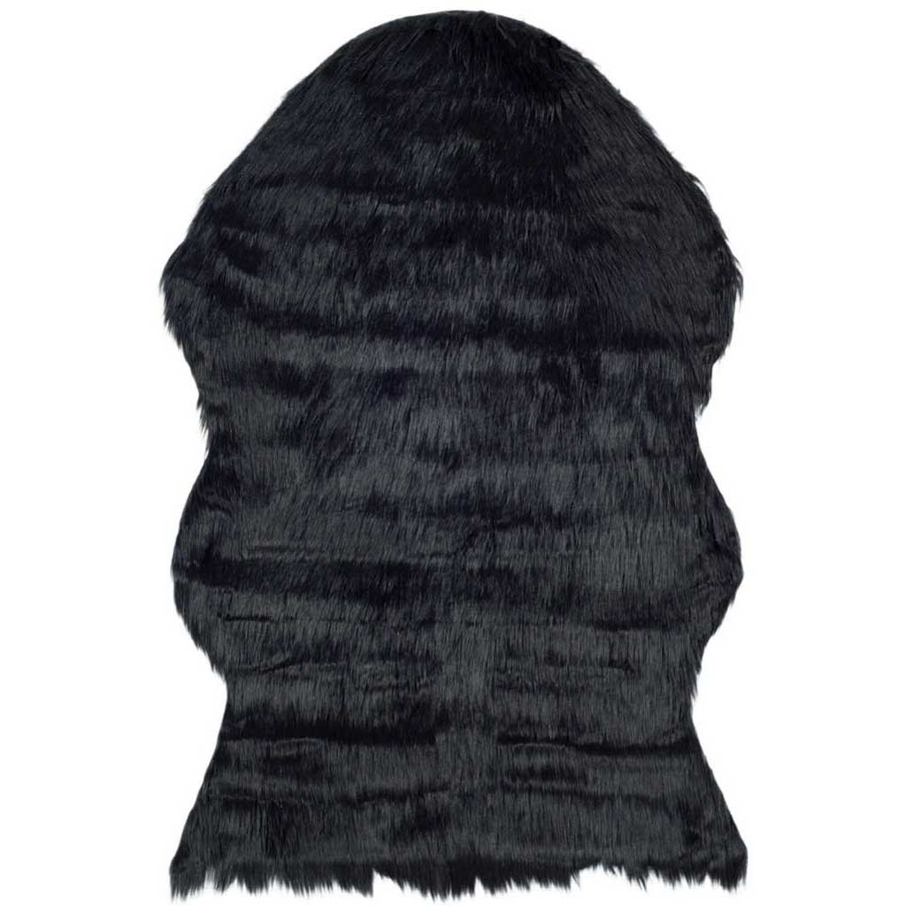 Black faux-sheepskin rug with a sculpted hide shape and soft, velvety pile || FSS115B-2 || top_studio