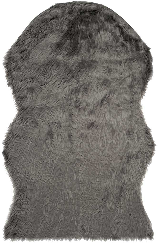 Gray shag rug with an organic hide shape and softly varied, silky pile