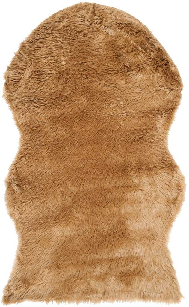 Sandy camel faux-fur rug with long, touchable pile and softly curved edges