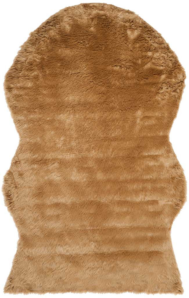 Warm camel shag rug with a rounded end, gently contoured sides, and dense faux fur
