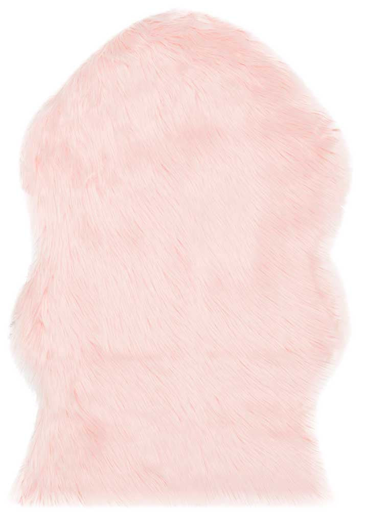 Compact pink faux-fur accent rug with a smooth sheen and gently curved sides