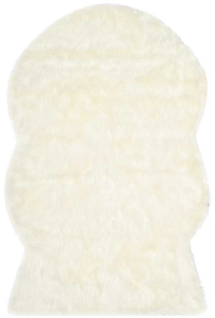 Fluffy ivory rug with a rounded sheepskin-inspired top and gently scalloped sides