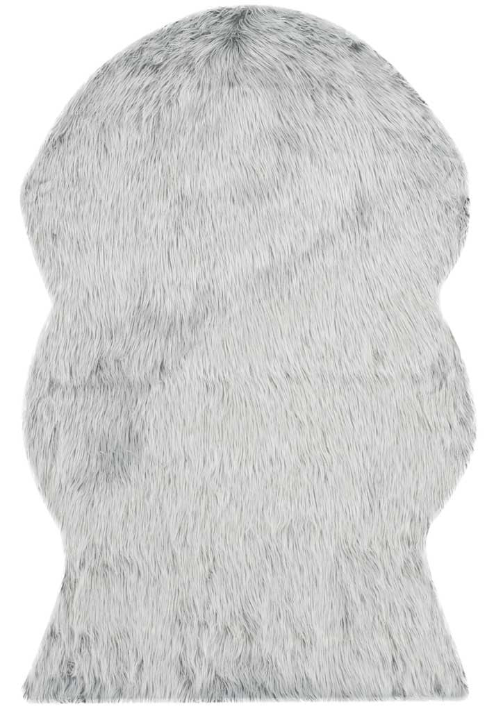 Light gray faux-fur rug with tapered sides and long, silky-looking strands