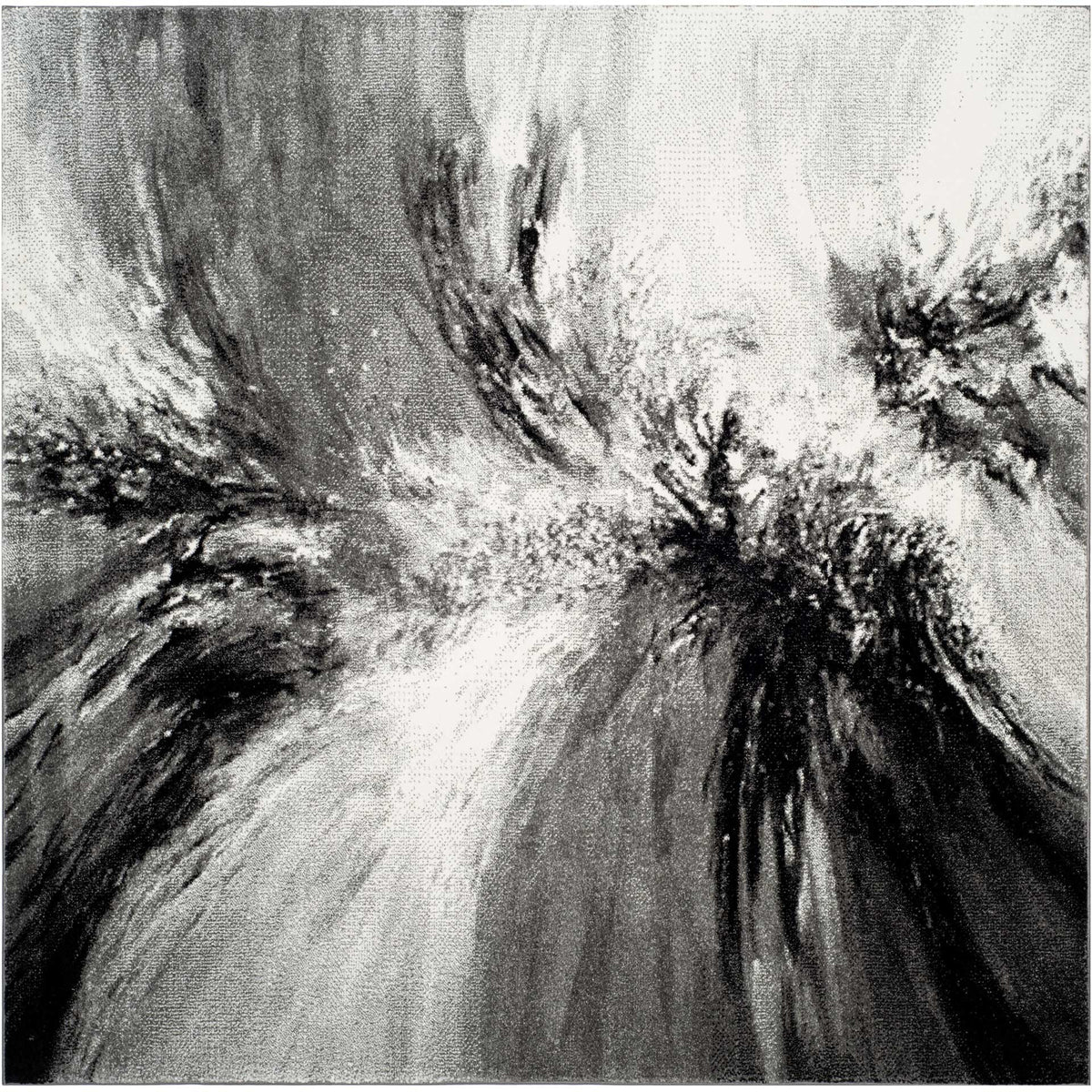 Square area rug with an expressive black and gray abstract burst over an ivory ground