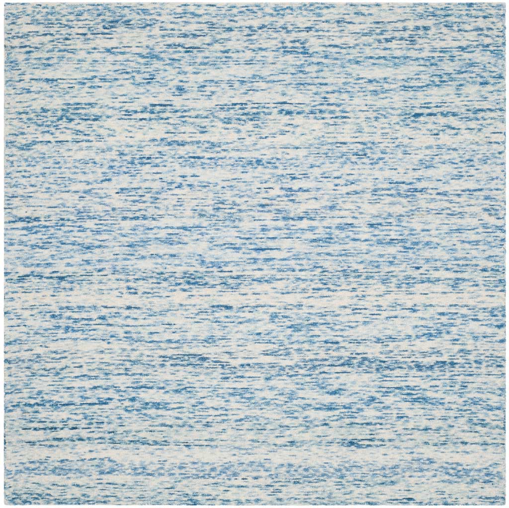 Square blue wool rug with blended ivory flecks and flowing horizontal texture