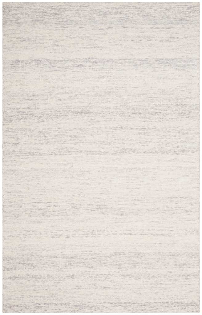 Rectangular silver and ivory wool rug with soft, horizontal tonal variations