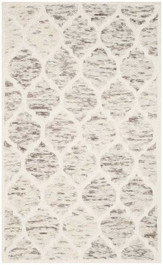 Compact gray and ivory wool rug with bold, distressed quatrefoils and a pale border