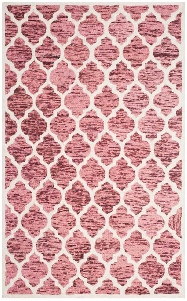 Red and ivory wool area rug with a dense, rhythmic pattern of marbled quatrefoils