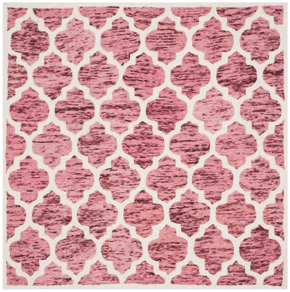 Square red and ivory wool rug with richly variegated quatrefoils and a crisp ivory grid