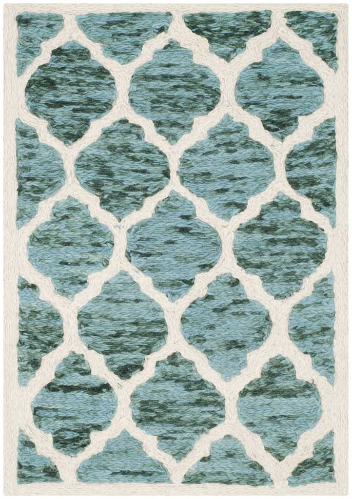 Bold teal motifs contrast with the ivory lattice of this petite wool accent rug