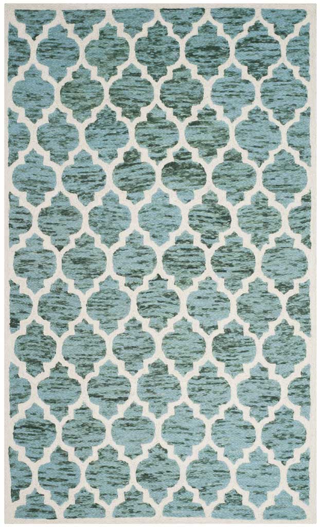 Teal and ivory wool rug with striated quatrefoil motifs and a neat rectangular border