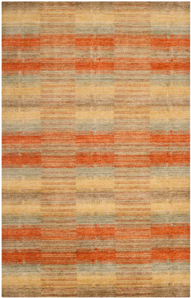 A hand-loomed wool rug weaves rust, gold, brown and gray stripes into a subtle grid. || HIM473A-8 || top_studio