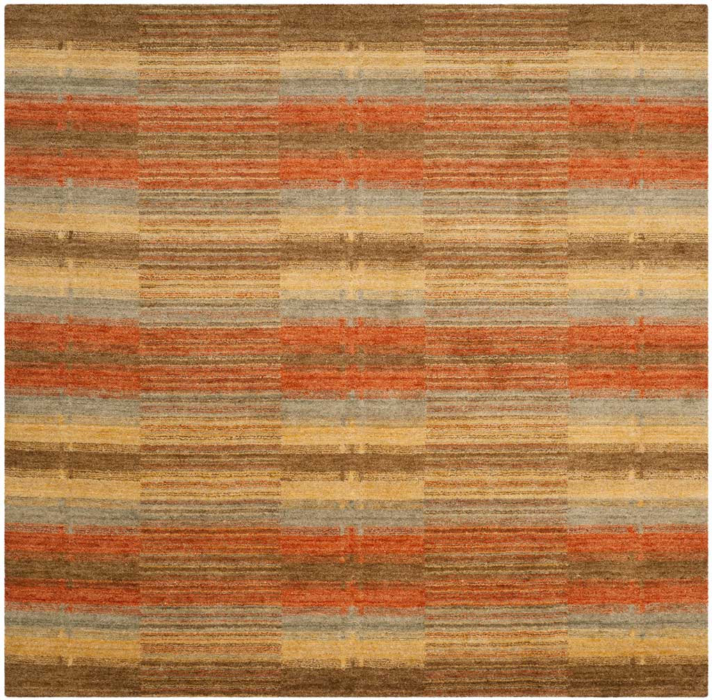 A square wool rug combines warm orange and gold bands with fine gray and brown stripes.