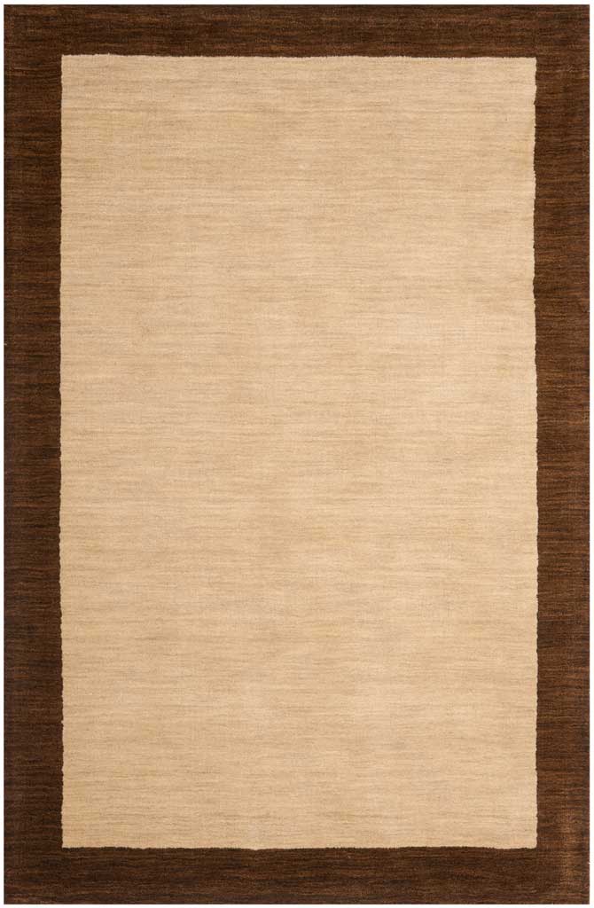 Rectangular beige wool rug features a dark brown border and subtle woven texture