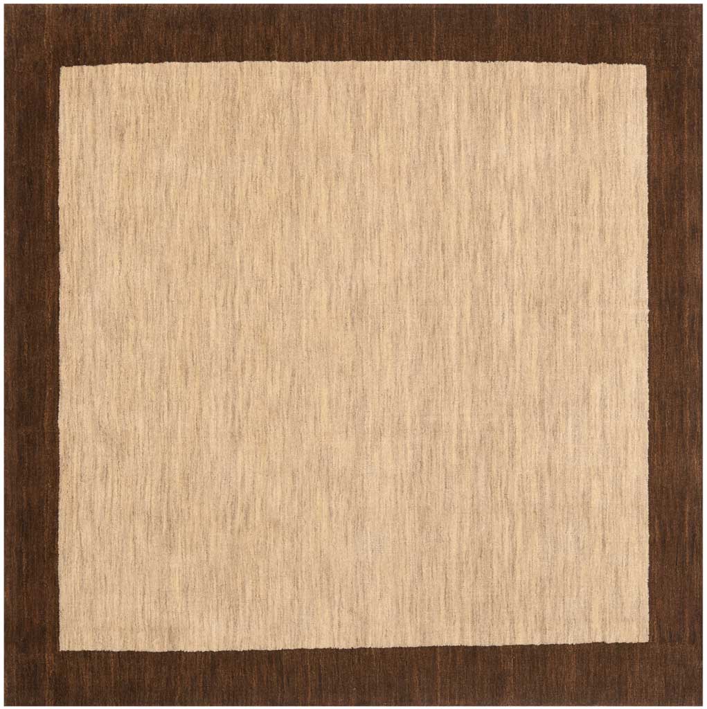Square wool rug pairs a textured beige center with a dark brown frame