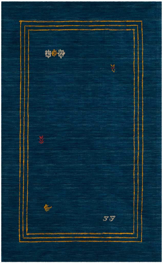 Fine gold lines border a deep blue wool field dotted with playful motifs