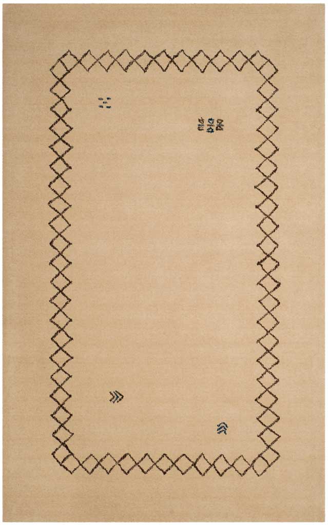 Hand-loomed beige wool rug framed by a geometric diamond border with small blue accents