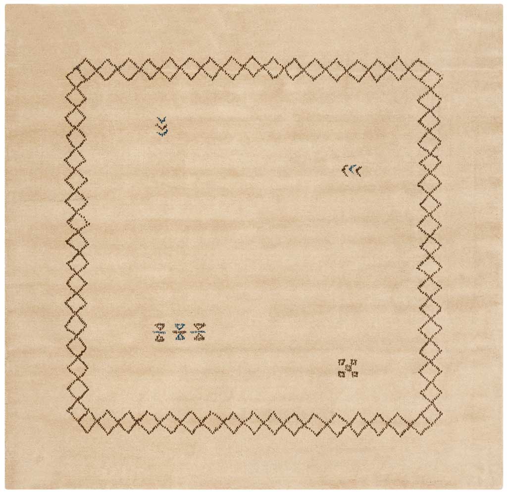 Square beige rug with an inset diamond border and sparse blue and brown accents