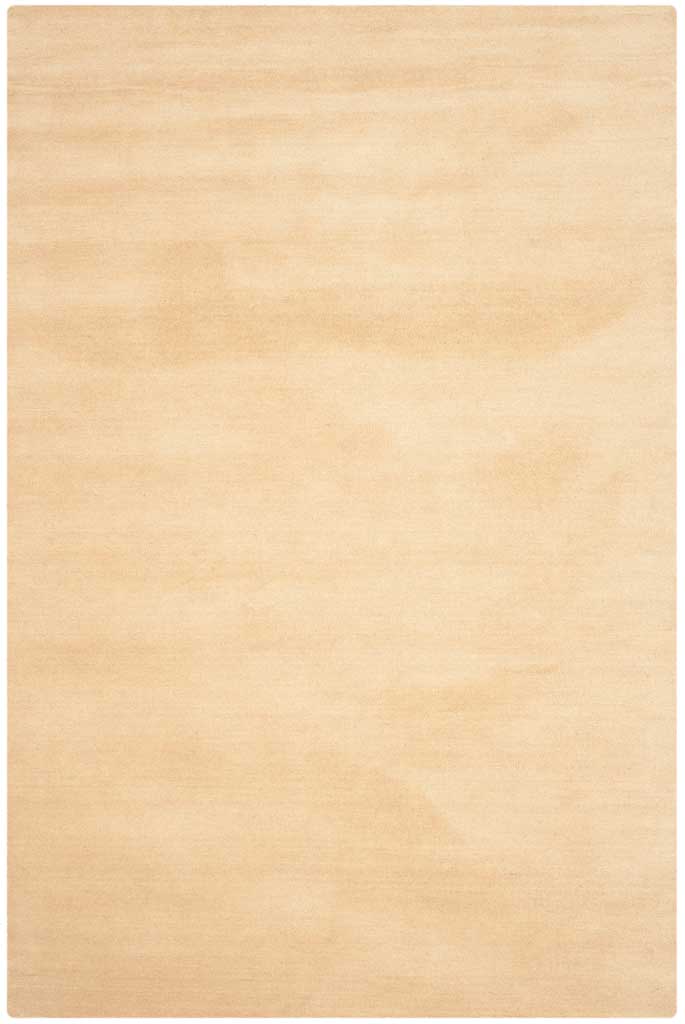 Beige rectangular rug with gentle bands of warm and pale color across its plush surface