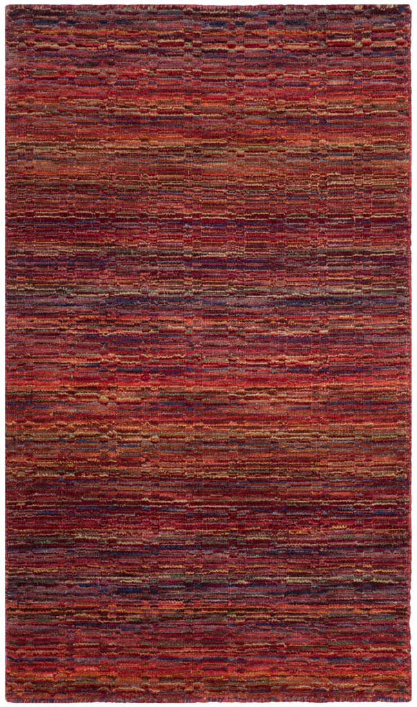 Small red wool accent rug with dense, irregular stripes and flecks of warm orange and darker hues