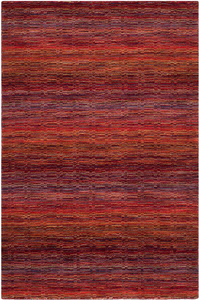 Hand-loomed wool rug layers crimson, rust, and dark accents into softly varied horizontal bands